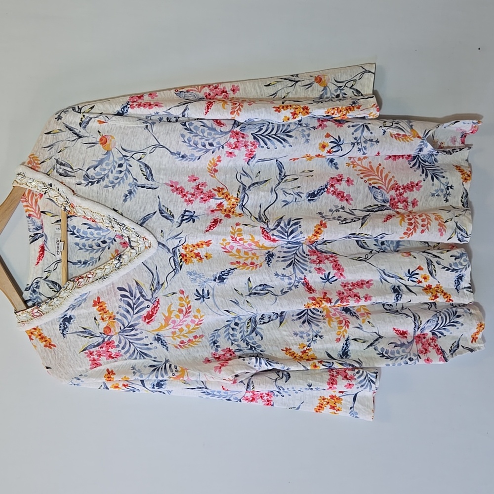 Chico's Floral Linen Tunic Top Size‎ 3 XL Beaded Embellished